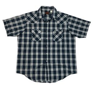 Plains Western Wear Shirt Mens XL Navy Silver Pearl Snap Button Plaid Cowboy